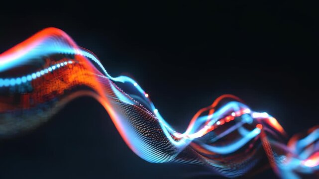 Vibrant digital wave with glowing neon colors and dynamic light effects flows across a dark background. Futuristic abstract motion design symbolizes technology and innovation