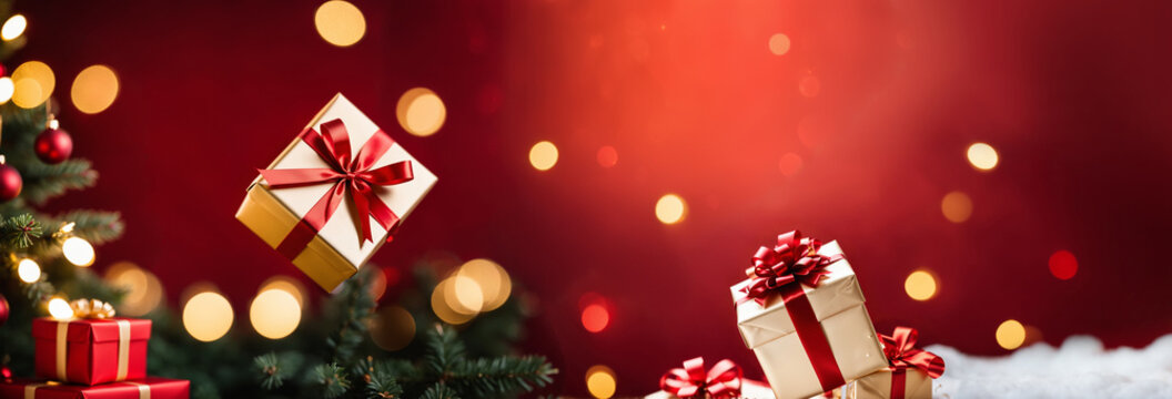 golden wrapped christmas gifts with red ribbons falling against a dark background with blurred bokeh lights and a pine tree.