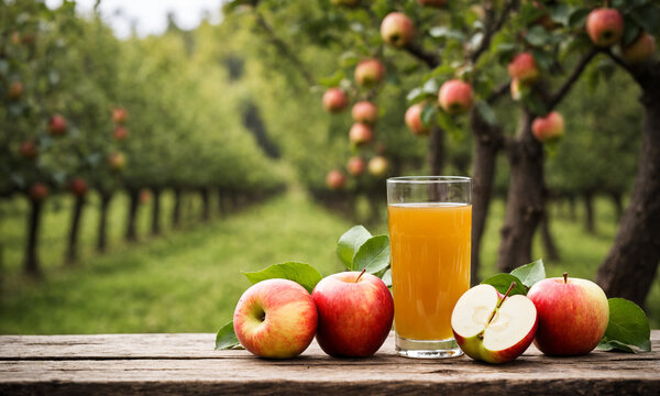 fresh apple juice poured into a clear glass sitting next to ripe red and green apples scattered on a wooden table in a bright sunny agricultural orchard