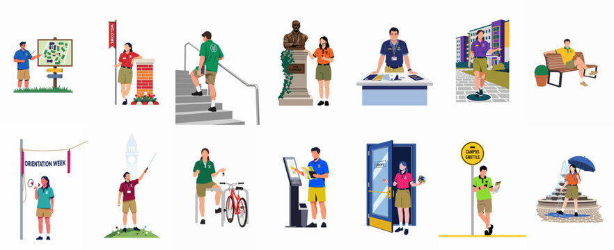 Flat illustration set of university students and staff engaged in campus activities during orientation week including tours information desks and general campus life.