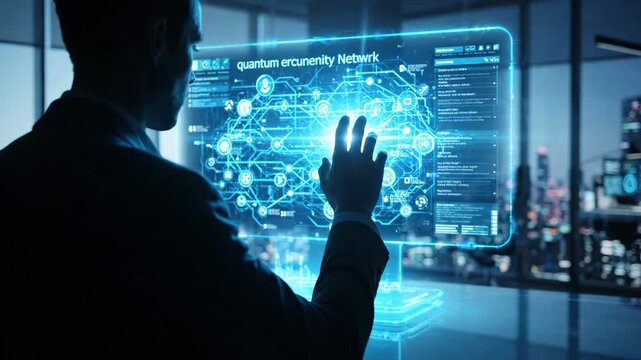 Quantum encryption network technology concept with futuristic digital interface securing data using advanced algorithms modern