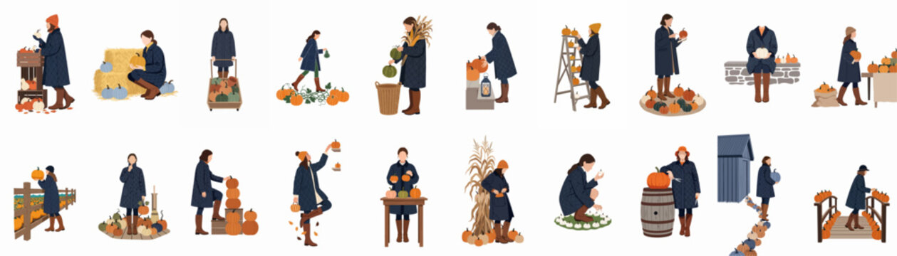 A collection of flat vector illustrations featuring women harvesting, decorating, and carrying pumpkins in various rustic autumn farm settings.