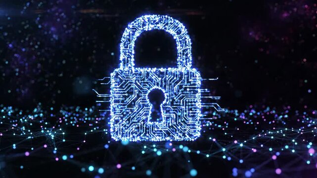 Quantum encryption secures digital network with advanced technology locking data glowing blue and purple security for future