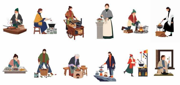 A collection of flat vector illustrations depicting various women roasting and selling chestnuts in traditional outdoor market and home settings during autumn and winter.
