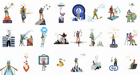 Fototapeta premium Vector illustration set featuring photographers using cloud storage, digital asset management, and global connectivity for modern media workflows and technology concepts.