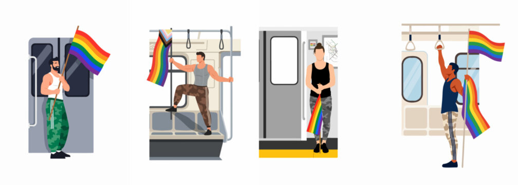 Set of illustrations featuring diverse men holding rainbow pride flags inside and near subway trains, celebrating LGBTQ+ pride and visibility.