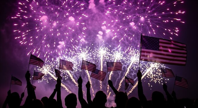 People waving american flags during a vibrant fireworks display at night