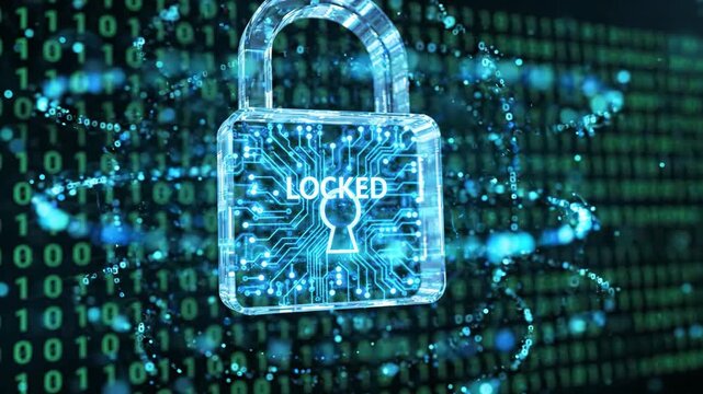 Quantum encryption network secures data with advanced digital padlock symbol protecting information and ensuring strong security