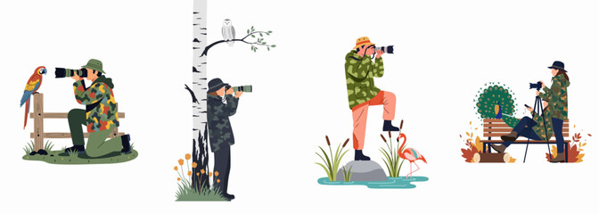 Fototapeta premium Set of illustrations depicting professional wildlife photographers in camouflage gear capturing images of exotic birds in their natural habitats.