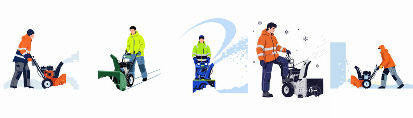 Set of flat illustrations featuring men in winter workwear operating various snow blowers to clear snow in cold weather conditions. © Papat