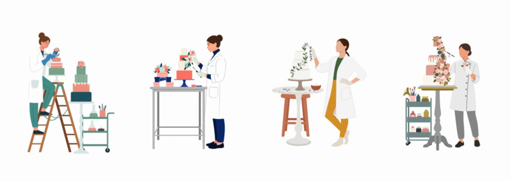Professional Female Pastry Chefs and Cake Decorators Designing Elegant Multi-Tiered Floral Cakes in a Modern Studio Setting
