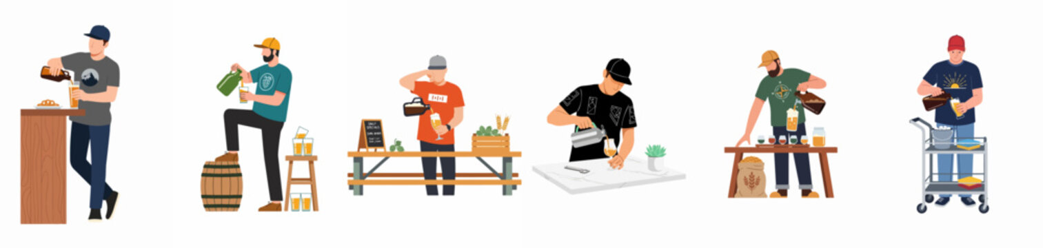 Collection of diverse male bartenders and brewers pouring craft beer from bottles and growlers into glasses, in a flat vector illustration style.