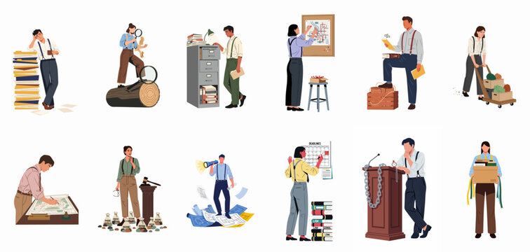 Flat Vector Illustrations of Professionals, Investigators and Lawyers Managing Heavy Workloads, Legal Evidence, Deadlines and Complex Investigations in a Retro Style.
