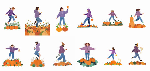 Fototapeta premium Collection of flat illustrations featuring girls in purple hoodies enjoying harvest time, balancing on pumpkins, and celebrating the autumn season.