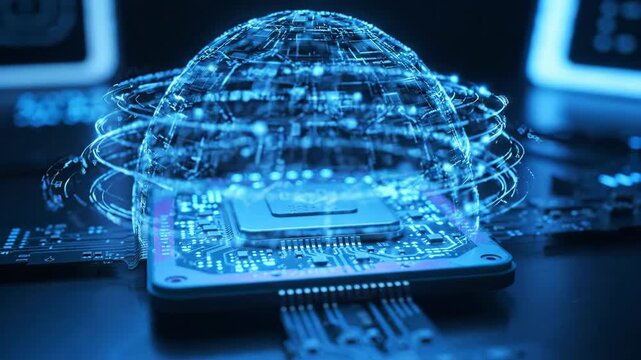 Quantum encryption network digital security concept with glowing blue circuit board and futuristic data sphere securing advanced