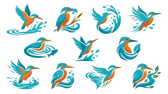 Collection of stylized kingfisher bird logos with water elements, symbolizing nature and speed.