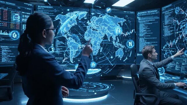 Quantum encryption secures global network with advanced technology analyzing data futuristic digital maps and high tech control