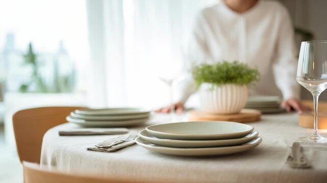 Modern dining table set with elegant plates, cutlery, and glassware in a bright, cozy home interior. Soft natural light highlights a minimalist aesthetic and inviting atmosphere