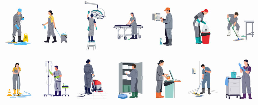 Flat vector illustration set of hospital cleaning staff performing various professional sanitation and maintenance tasks in a healthcare environment.