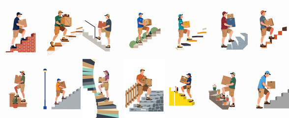 Fototapeta premium Set of delivery personnel in uniform carrying various boxes and crates up different types of stairs, isolated on white background.