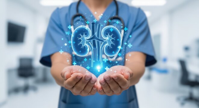 Doctor holding model kidneys with medical shirt