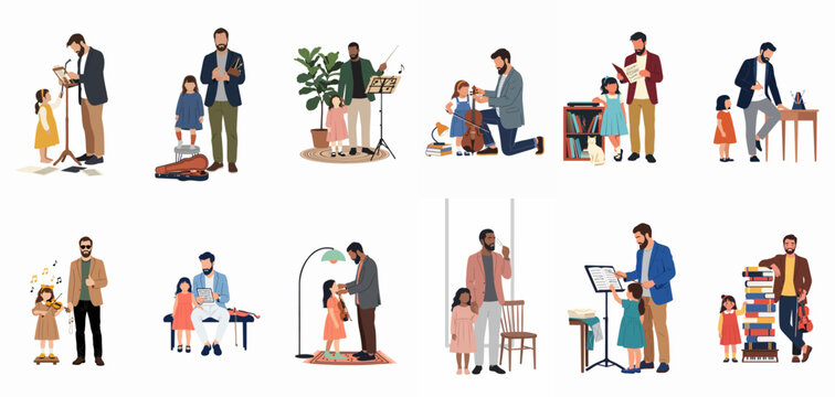 Flat vector illustration set of diverse fathers and daughters bonding over music, including violin lessons, conducting, and reading sheet music on white background.