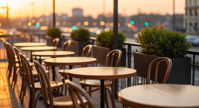 Outdoor restaurant seating area at sunset.