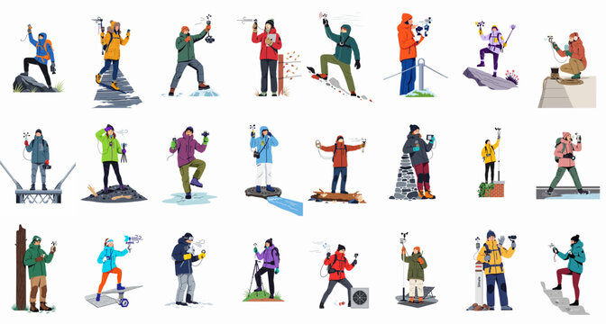 Vector illustration set of diverse people in winter gear using anemometers and digital devices to measure wind speed in various outdoor settings.
