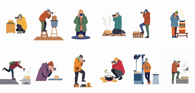 Illustration set of photographers in winter clothing taking pictures of steaming dim sum and traditional street food in various creative poses.