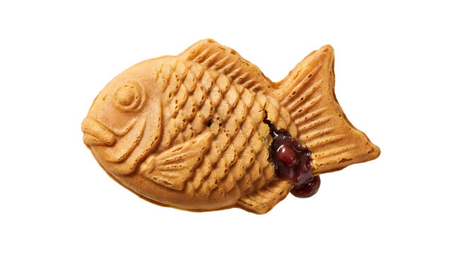 Traditional Japanese Taiyaki fish pastry with red bean filling isolated on white