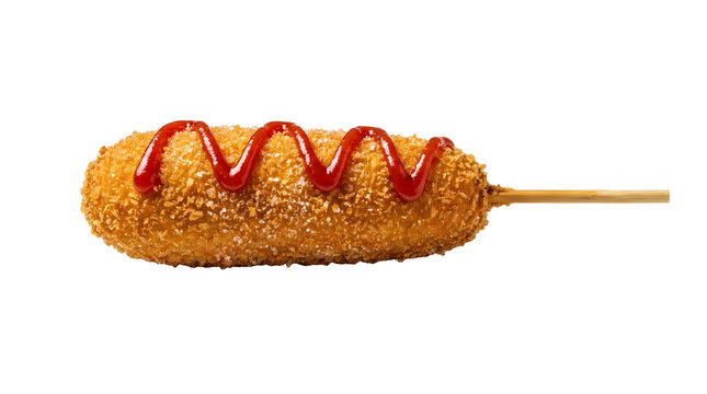Crispy Korean street food corn dog with sugar and ketchup drizzle isolated on a white  background