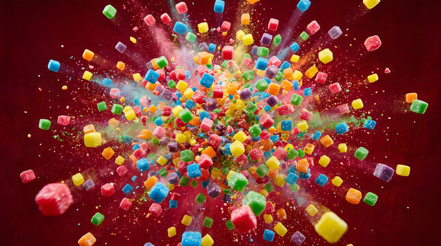 Colorful cubes exploding on a dark red background