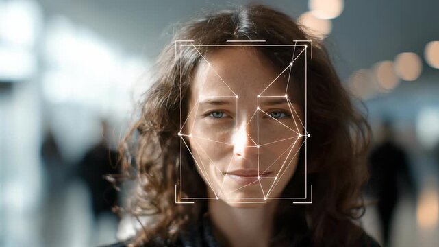 Confident woman with curly hair stands indoors, her face framed by a digital facial recognition interface. Modern biometric technology highlights her unique facial features for identification