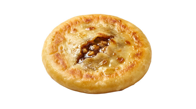 Korean Hotteok, a sweet fried pancake with gooey brown sugar filling, isolated on a white background