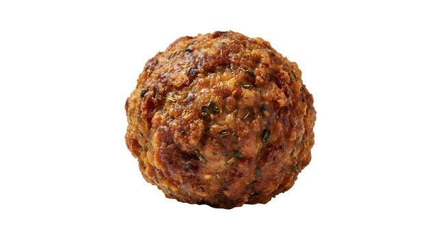 Single pan-fried crispy beef meatball with herbs isolated on a solid black background