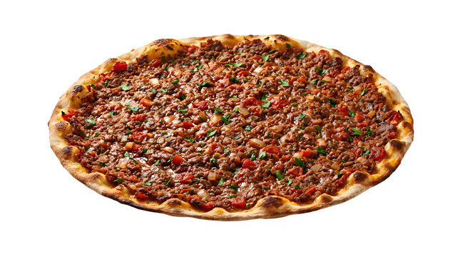 Freshly baked Turkish Lahmacun, a thin flatbread with minced meat topping, isolated on white background