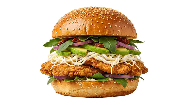 Massive Mexican Cemita sandwich with milanesa, avocado, and Oaxacan cheese isolated on white