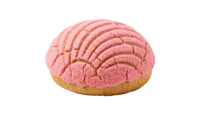 Traditional Mexican pink Concha sweet bread roll pan dulce isolated on a solid white background