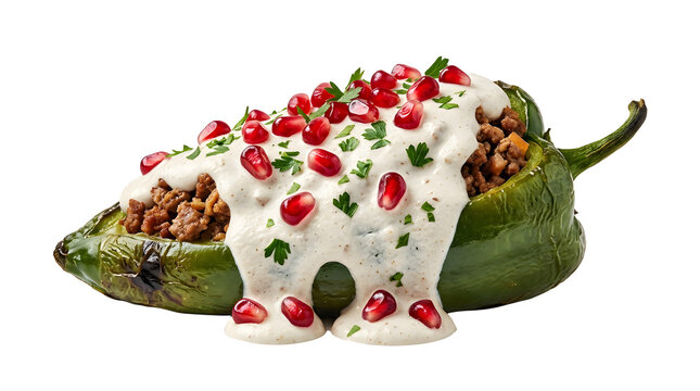Authentic Mexican Chiles en Nogada stuffed pepper with walnut cream sauce isolated on a white background