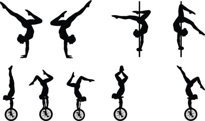 Silhouette Collection of Acrobats Performing Handstands, Pole Acrobatics, and Unicycle Balancing Poses Demonstrating Strength and Flexibility © MstMunmun