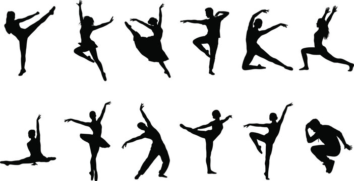 Silhouette Collection of Dancers Performing Ballet and Contemporary Dance Poses Expressing Grace, Movement, and Artistic Emotion