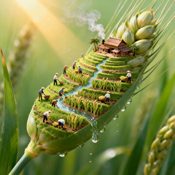 Miniature Diorama Art of Terraced Farm Village Built on a Wheat Ear With Tiny Farmers Harvesting Crops