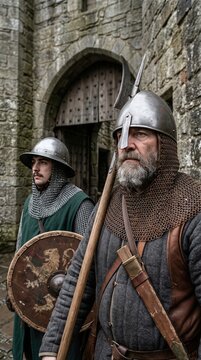 Two medieval guards in chainmail armor with shield and polearm standing at castle gate. Historical reenactment of soldiers from Middle Ages. Soldier defense and history concept.