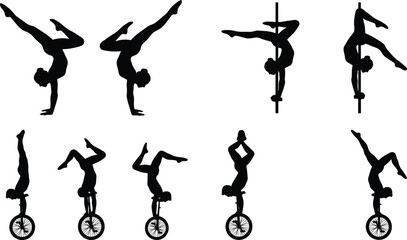 Silhouette Set of Acrobat Performing Handstands, Pole Dance, and Unicycle Balancing Poses Demonstrating Strength and Flexibility © MstMunmun