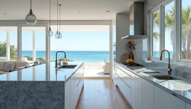 Modern kitchen with granite counters overlooks ocean view through large windows and glass doors. White cabinets and sleek island provide ample space for cooking. Palm trees frame sunny beach outside.