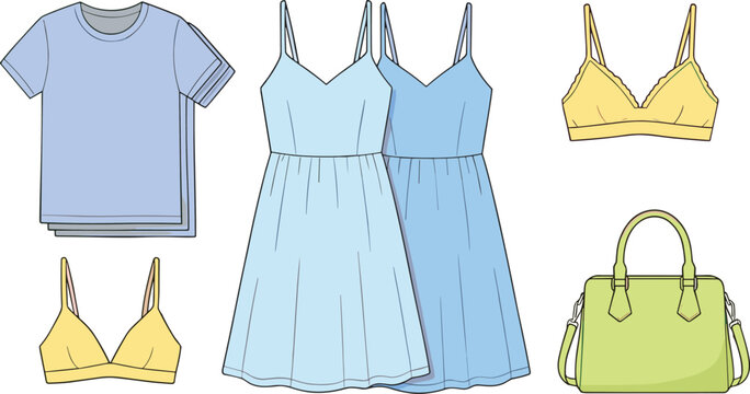 Summer Clothing and Accessories Illustration Featuring Light Blue Dresses, T-Shirts, Yellow Bras, and Green Handbag