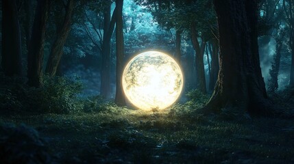 Fototapeta premium Enchanted forest moonlit scene. Lush trees surround a glowing, full moon