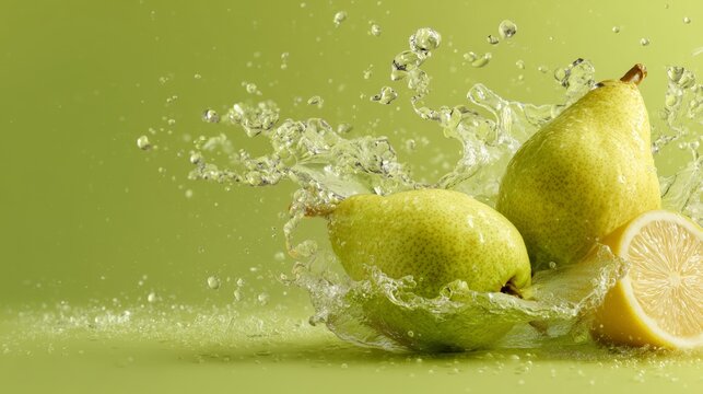 Levitating drink lower-right, pear + lemon levitating in corners, pale yellow-green splash mist .