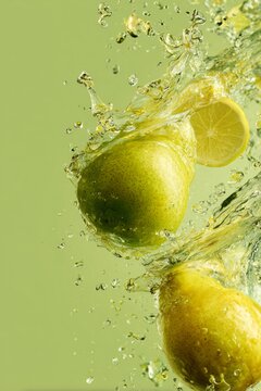 Levitating drink lower-right, pear + lemon levitating in corners, pale yellow-green splash mist .