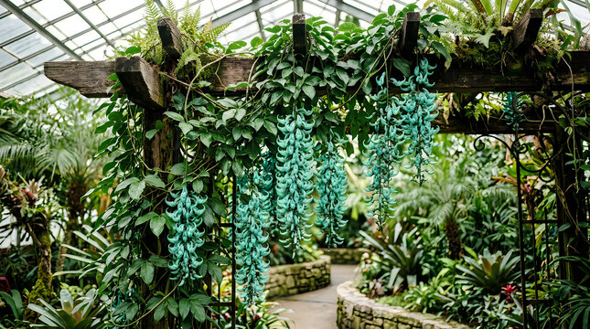 Beautiful jade vine flowers hanging in a lush greenhouse